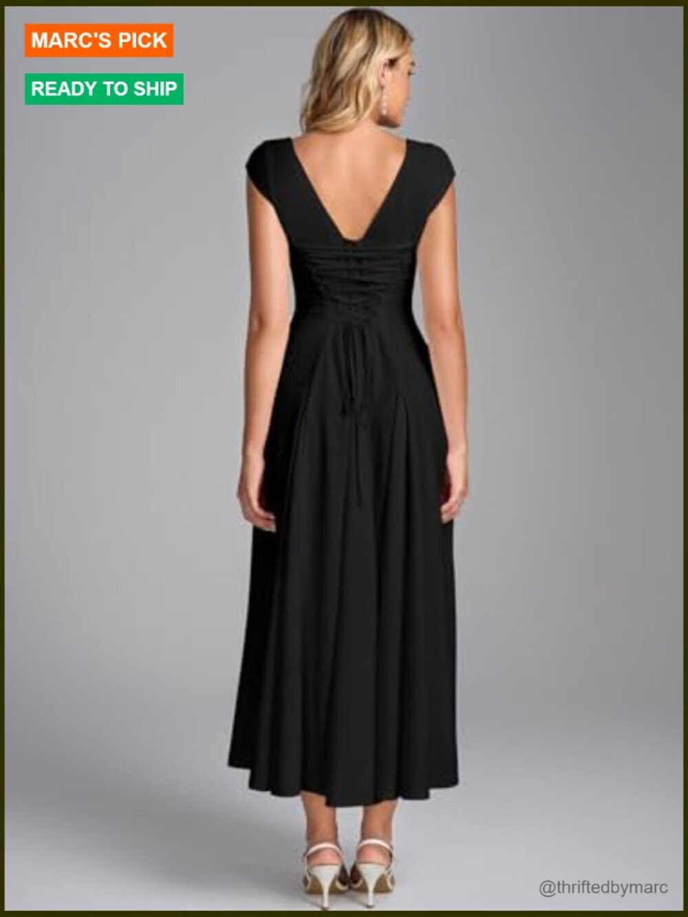 Corset Midi Dress Square Neck A-Line Flowy Wedding Guest Dress with Pockets - Picture 5 of 6